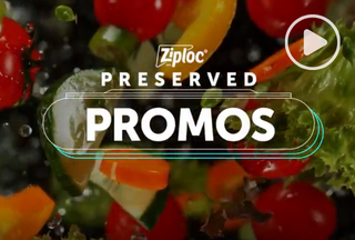 Background image of fresh produce food items with Ziploc logo and text reading "Preserved Promos"