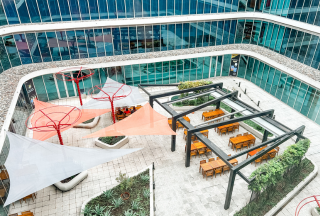 Aerial view of SCJ Argentina office courtyard seating area