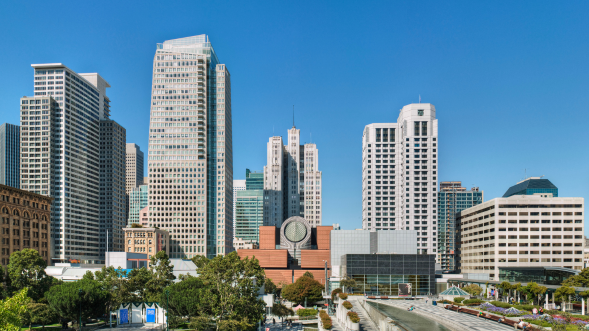 Skyline view near Museum of Modern Art and Yerba Buena Gardens in San Francisco