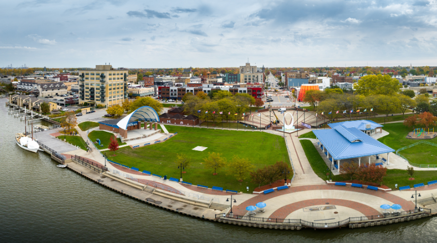 Aeriel view of Bay City park with entertainment area and green spaces