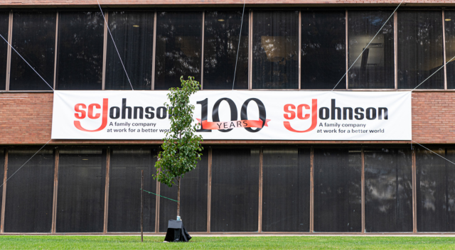 SC Johnson 100 years banner on building