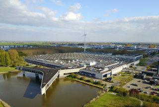 Aerial photo of SCJ Europlant facility "boomerang" building