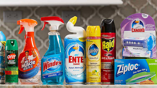 A selection of popular SC Johnson products, such as Windex, Pledge, Raid and Ziploc