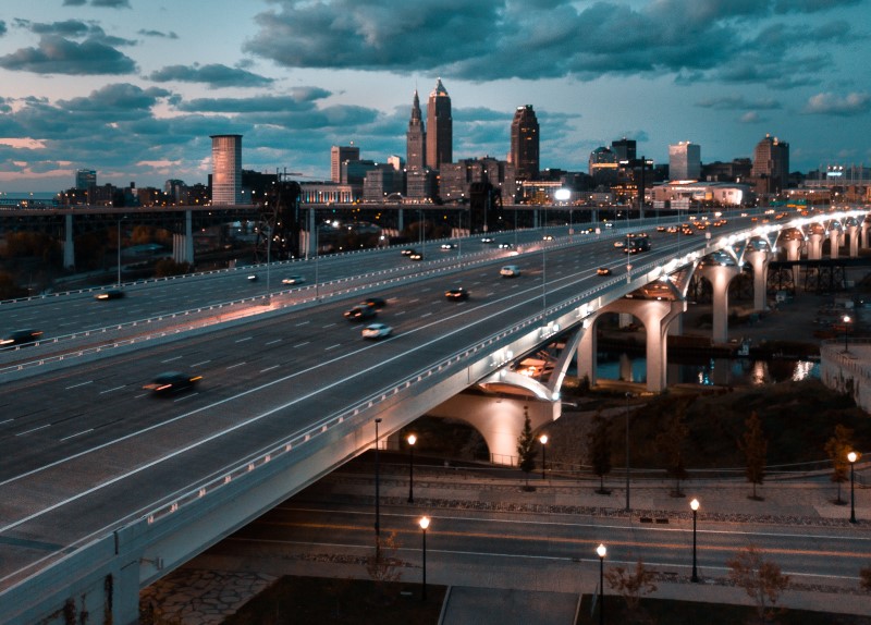 cleveland Ohio skyline highway at night