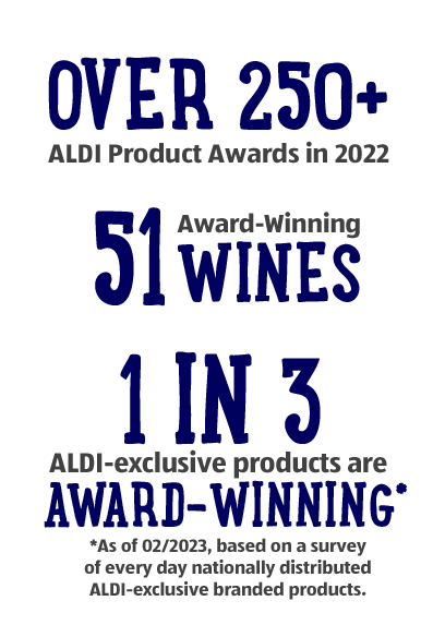 Over 160+ Aldi product awards in 2021. 132 Award-winning wines. 1 in 3 ALDI-exclusive products are award-winning - As of January 2022, based on an audit of every day nationally distributed ALDI-exclusive branded products.
