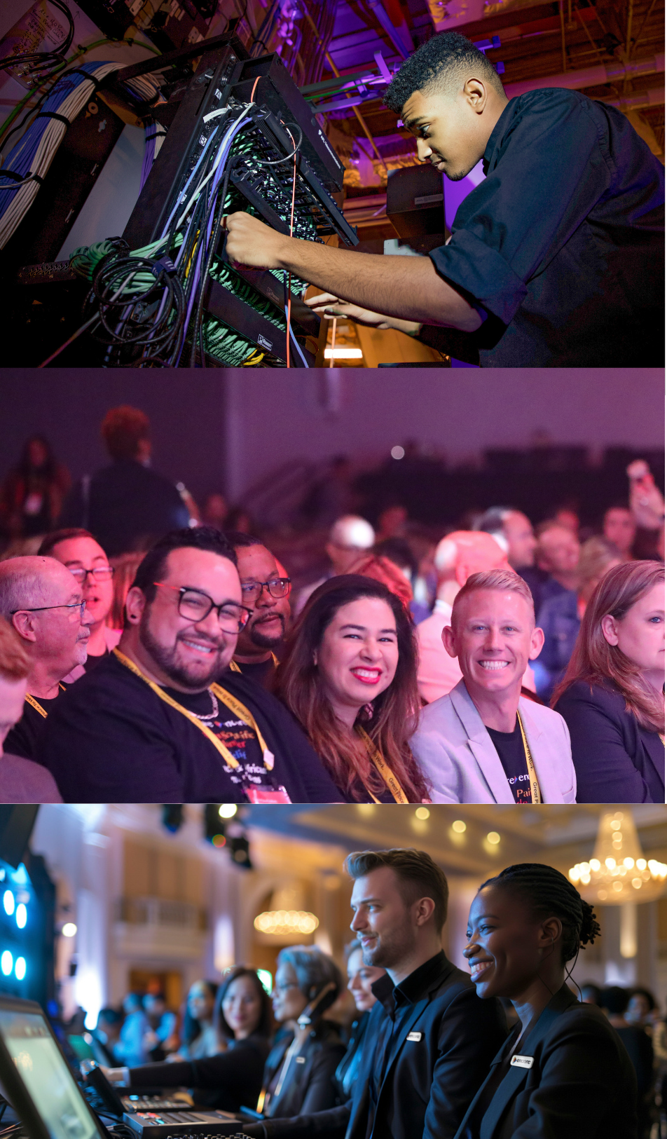 three people wearing badges and smiling, sitting in an indoor audience