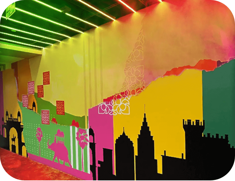 Colour wall with city skyline silhouette