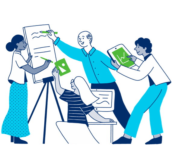 Illustration of a group of people working together on a presentation.