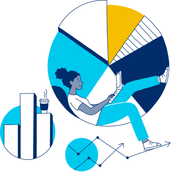 Person working happily on a laptop in front of diagrams and charts