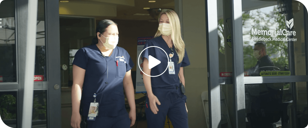 Two nurses coming out of the MemorialCare Saddleback Medical Center