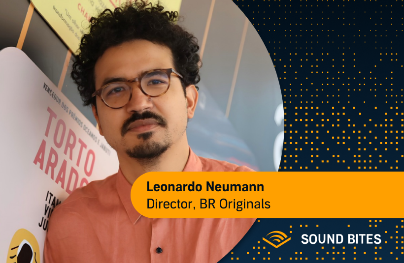 Audible Sound Bites graphic featuring a headshot of Leonardo Neumann, Director of BR Originals, on a navy background with an orange dot pattern and the Audible logo.