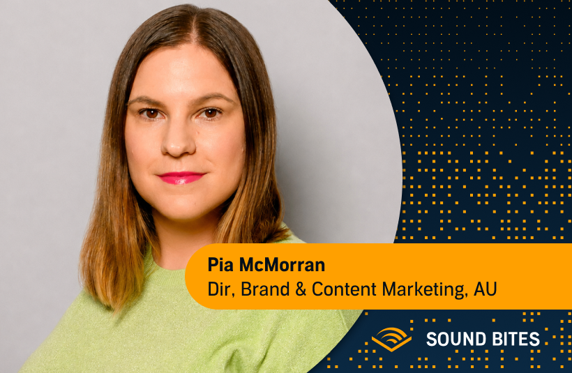 Audible Sound Bites graphic featuring a headshot of Pia McMorran, Director of Brand & Content Marketing, AU, on a navy background with an orange dot pattern and the Audible logo.