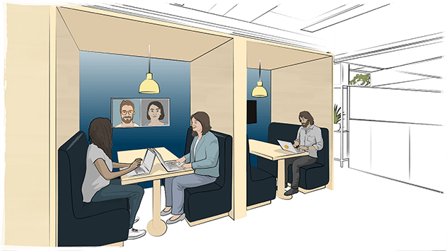 Employees sitting in booths having meetings with each other