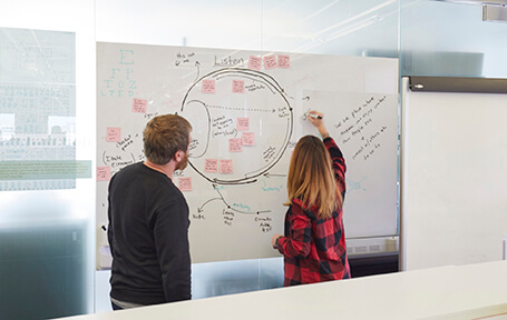 Two employees working on a white board together
