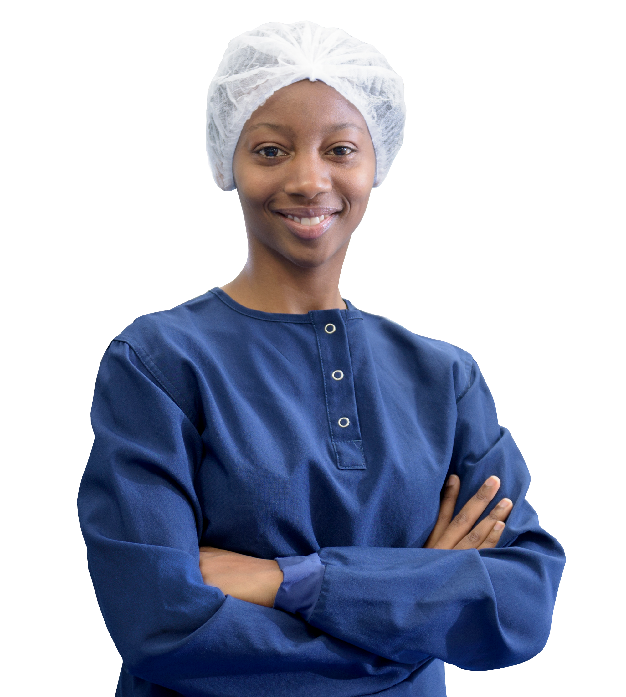 Female employee in a blue scrub