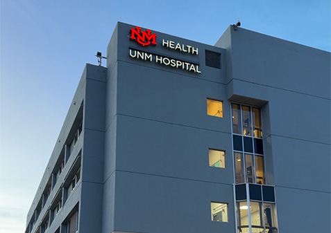 An exterior building photo of University of New Mexico Hospital