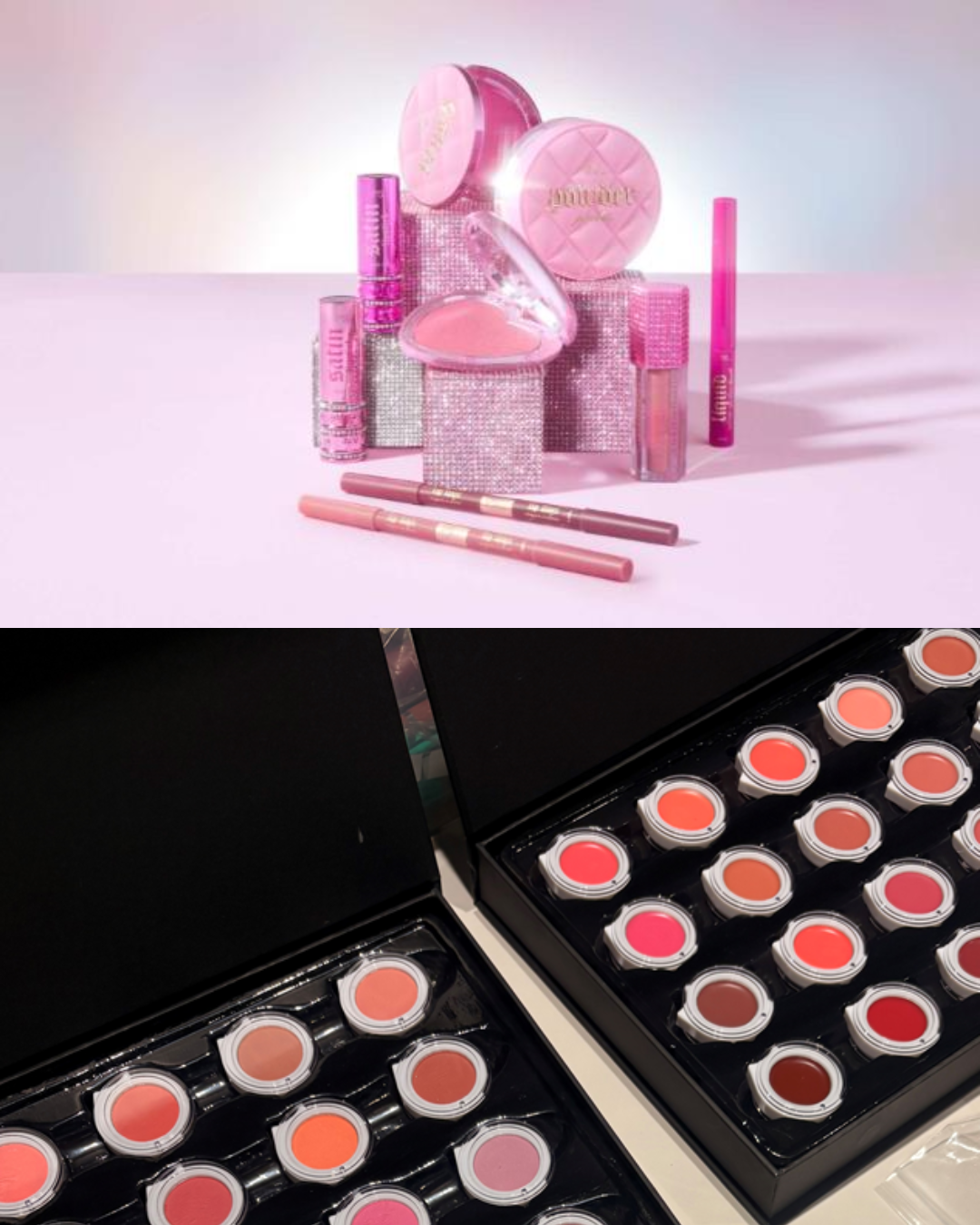 Sample swatches on cosmetics and the final products