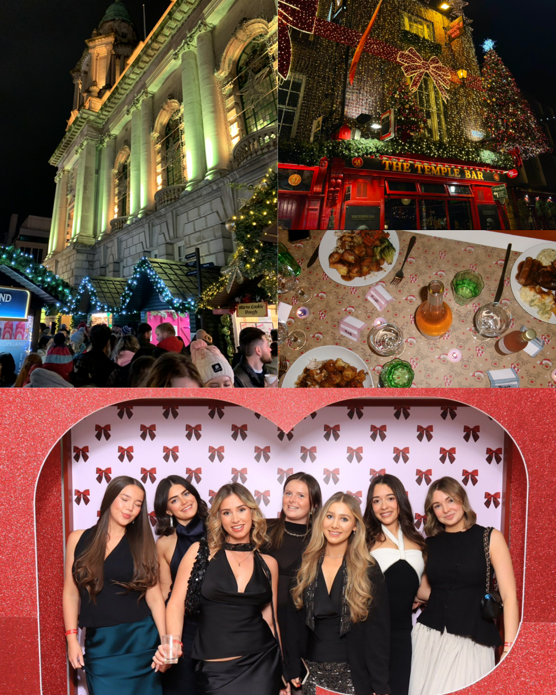 Collage of Dublin decorated for Christmas, a Christmas dinner and a group photo of Primark colleagues smiling together at a Christmas party