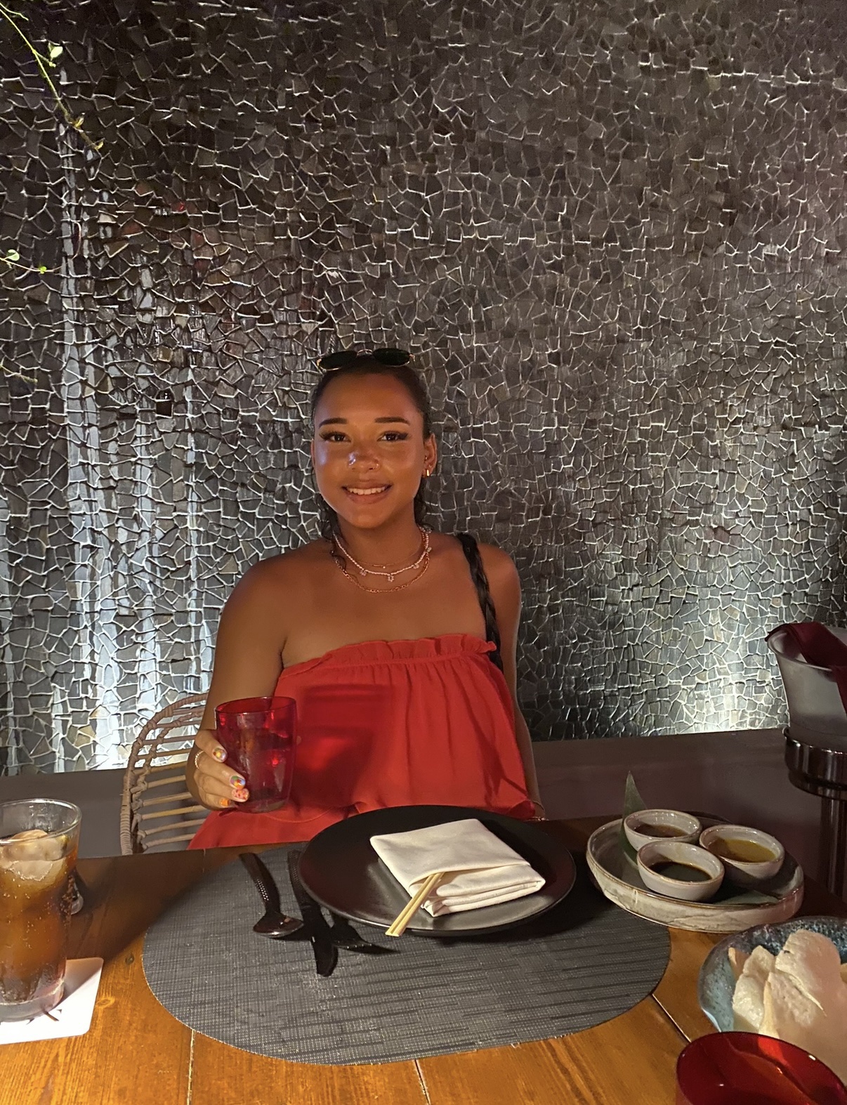 Female colleague smiling in a restaurant