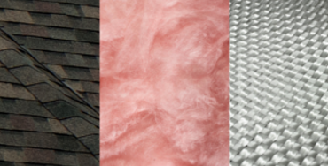 Closeups of asphalt shingles, pink fiberglass insulation, and a woven fiberglass fabric