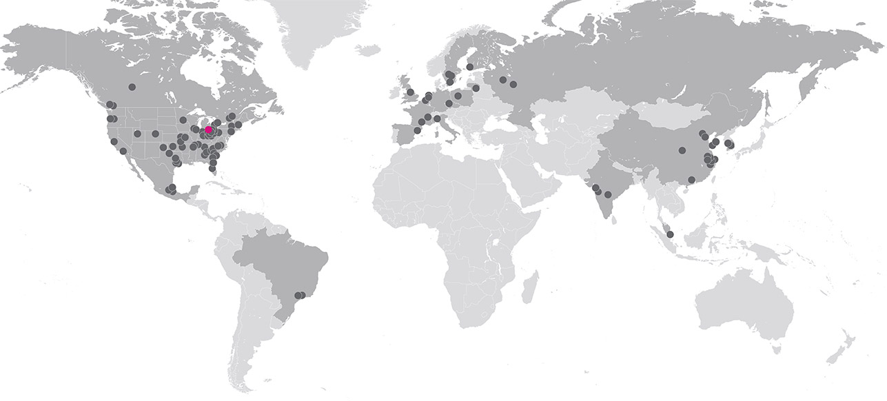 World map showing various Owens Corning locations in North and South America, Europe, and Asia