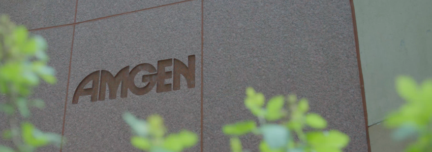 Photo of Amgen's external office where the Amgen logo is visible.