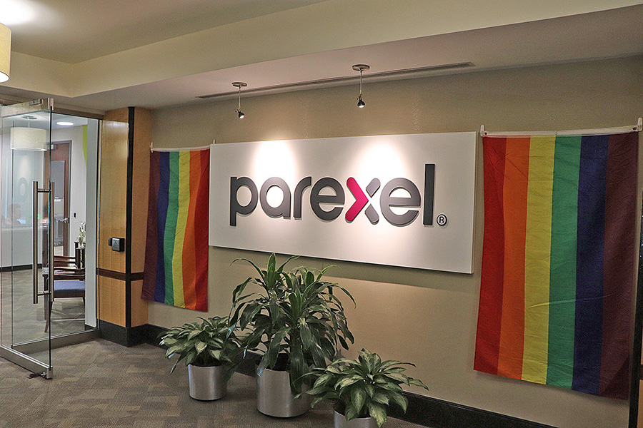 Image of Parexel's Durham office entry area with pride month celebration flags