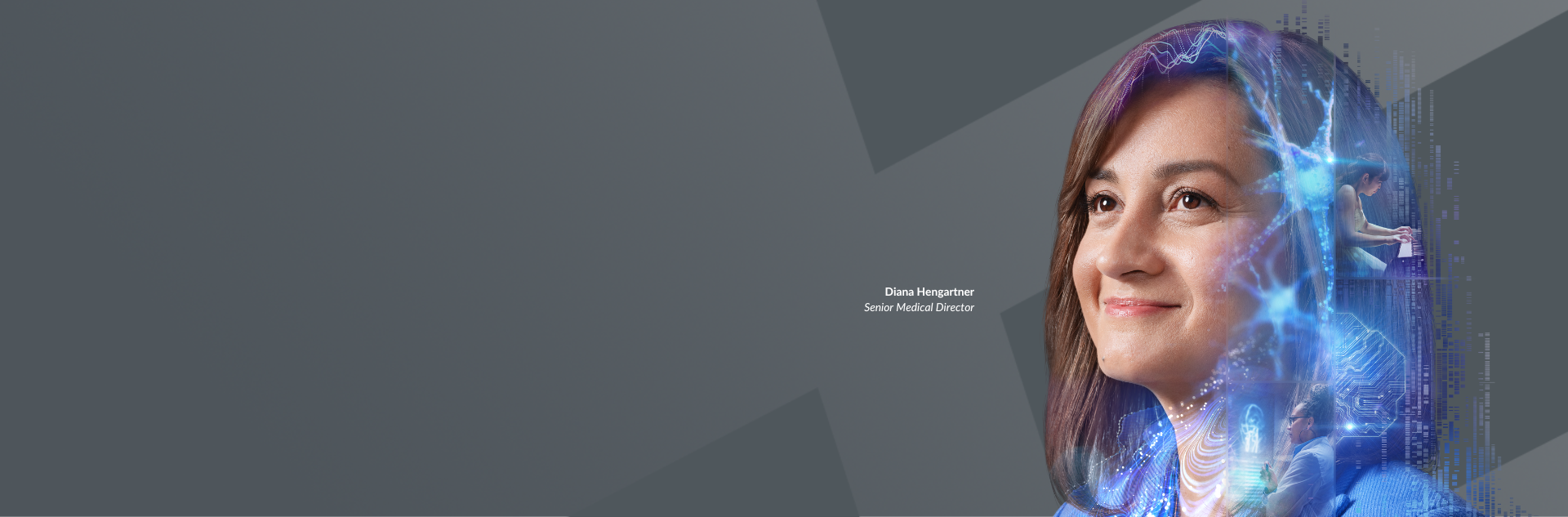 Diana, a Colombian woman, with dark shoulder-long hair, wearing a blue blazer. Headshot with a grid like modular collage overlay featuring patient, doctor, biology and data visuals.