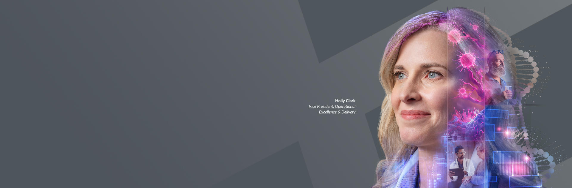 Holly, a woman with long blond hair. Headshot with a grid like modular collage overlay featuring patient, doctor, biology and data visuals.