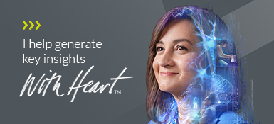 Diana, a Colombian woman, with dark shoulder-long hair, wearing a blue blazer. Headshot with a grid like modular collage with the text "I help generate key insights With Heart."