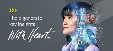 Jo in a graphic with a grid like modular collage and the phrase "I help generate key insights With Heart."