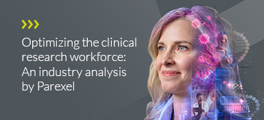 "Optimizing the clinical research workforce" text overlay on dark background. Profile of woman with blonde hair, looking up. Purple and blue graphics suggest healthcare and technology integration.