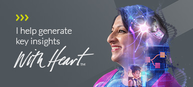 Hina, an American woman, with dark shoulder-long hair, wearing a vibrant pink top. Headshot with a grid like modular collage overlay featuring patient, doctor, biology and data visuals.