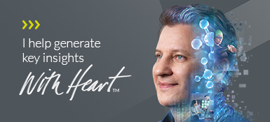 Matthew in a graphic with a grid like modular collage and the phrase "I help generate key insights With Heart."