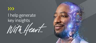 Moe, a black American man, has short hair and a beard, and wears a shirt. Headshot with a grid like modular collage overlay featuring patient, doctor, biology and data visuals.