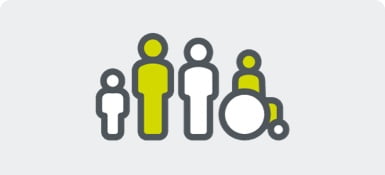 An icon showing four people in different sizes and one in a wheelchair, which represents Parexel's "Patients-first" core value