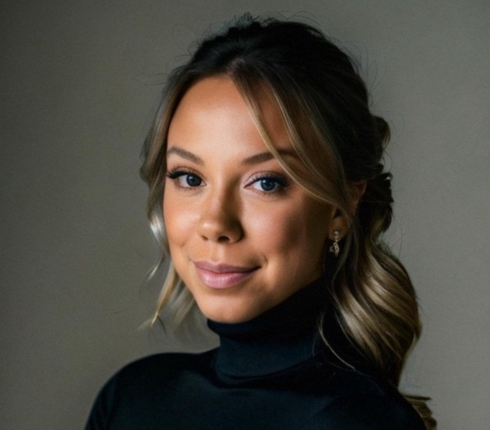 Meghan, in a professional portrait. Blonde hair styled in a loose updo, wearing a dark turtleneck, with subtle makeup and small earrings, against a neutral gray background.