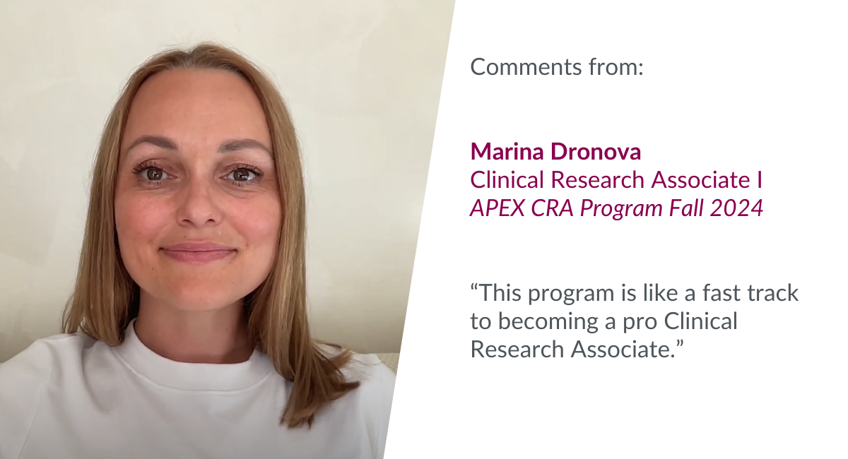 Marina, APEX CRA Program graduate, looking at the screen wearing a white shirt.