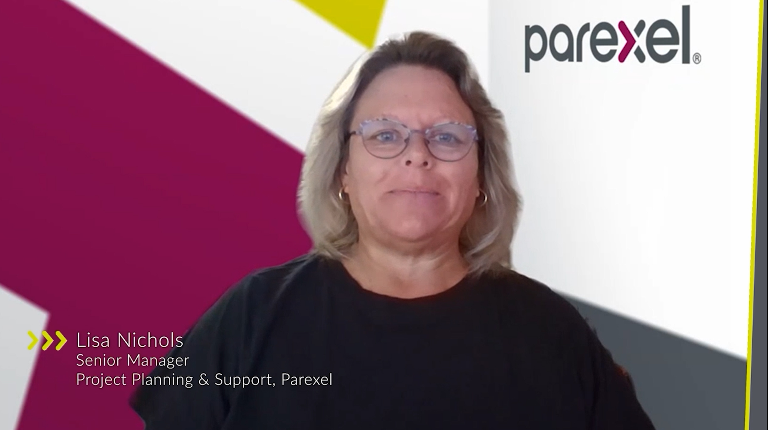 Screenshot of one of the speakers, Lisa, a female white American and Senior Manager, Project Planning & Support at Parexel, is has shoulder long blond hair and wears a black t-shirt.