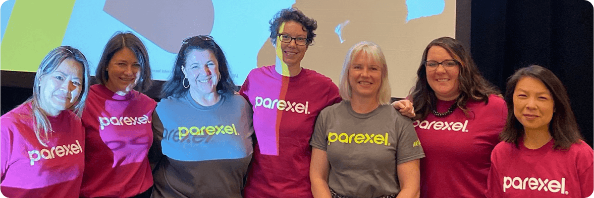Medical Writers team wearing Parexel t-shirts and posing for a team photo